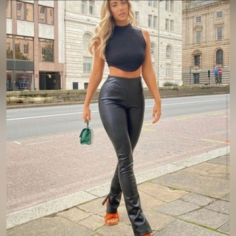 Long Length, High Waist Faux Leather Slit Ankle Zara Pants